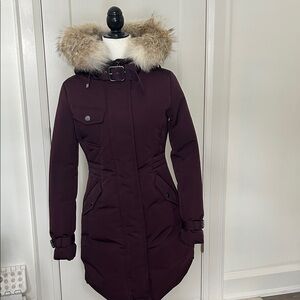 Women's Burgundy winter-fall Jacket with removable Fur Hood. 90%down.10% feather